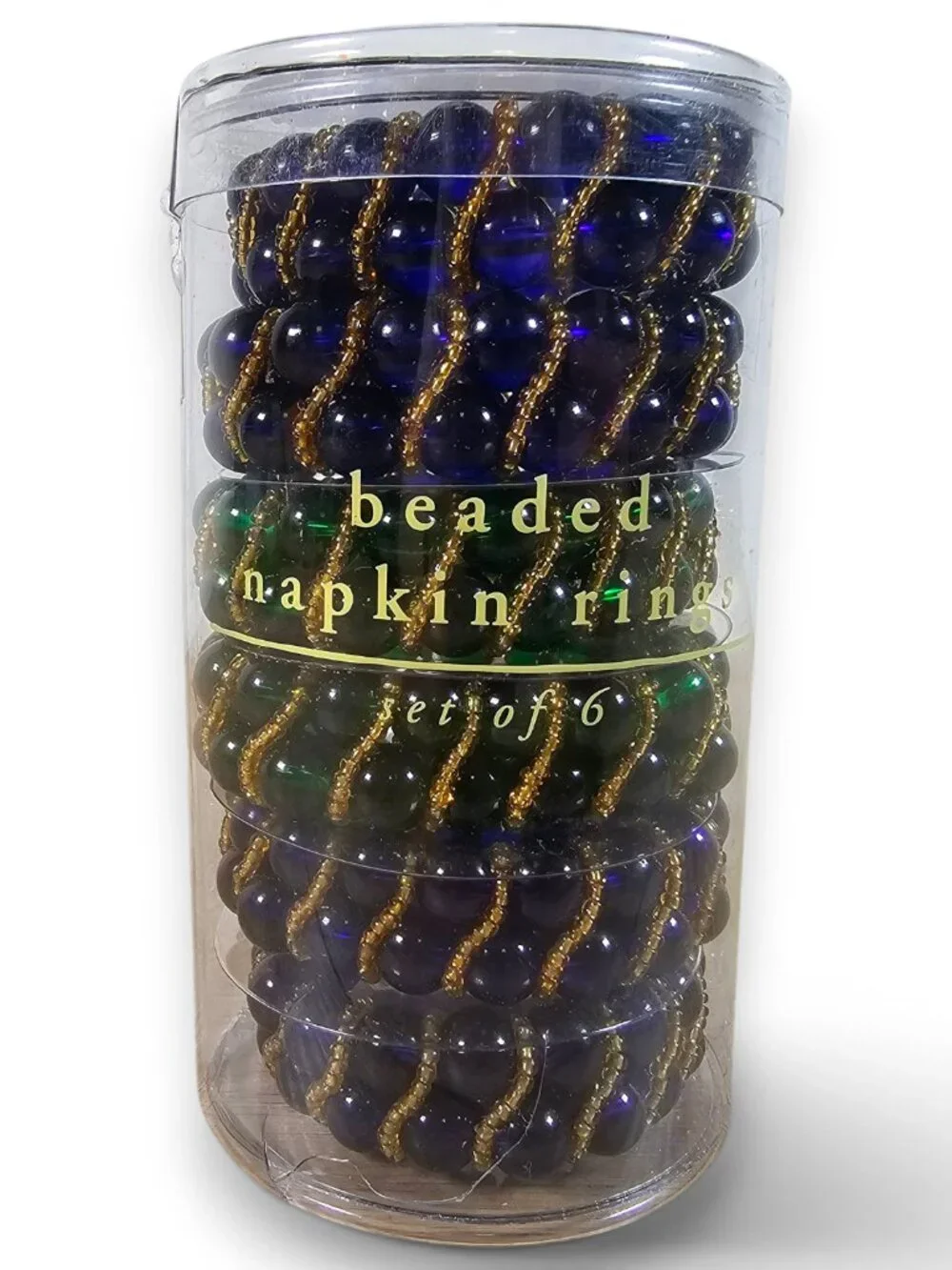 Pier 1 Beaded Napkin Rings Set of 6 Blue Green Gold Tone